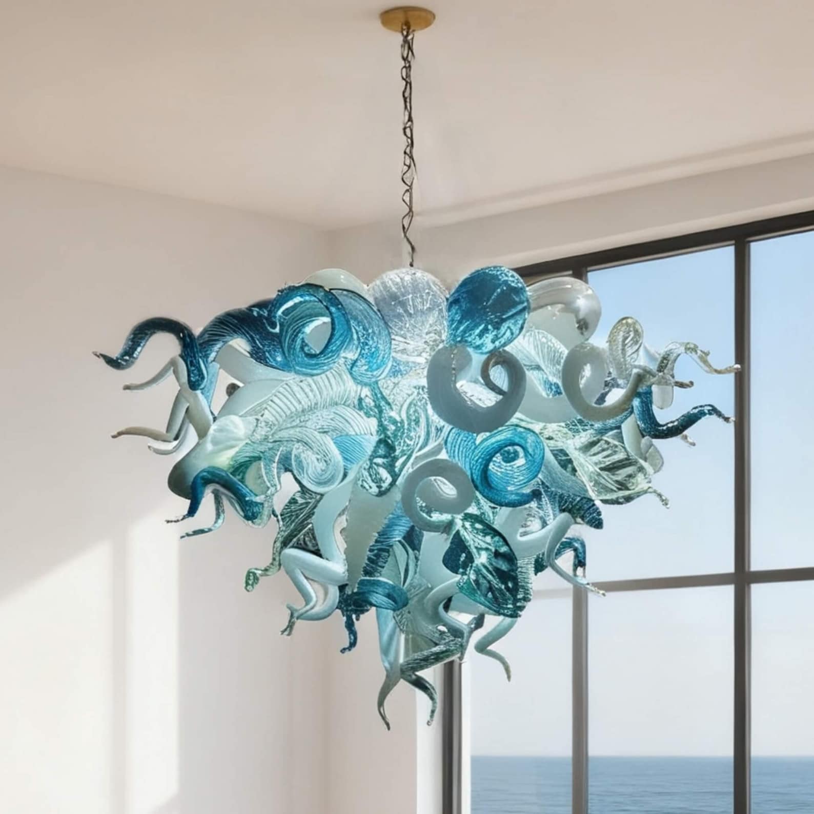 Blown glass dining room chandelier blue with white color custom design