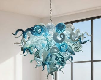 Blown glass dining room chandelier blue with white color custom design