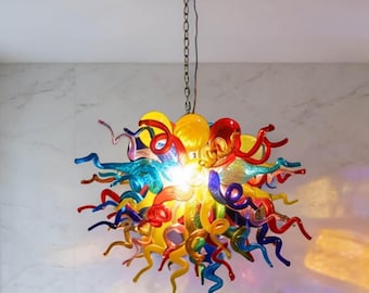 Dining Room Glass Chandelier: Multicolor Hand Blown Art Lamp