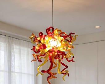 Blown Glass Chandelier: Red, Orange & Amber Mini Pendant Light