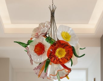 Handmade Glass Flower Chandelier Colored Glaze Dining Room Lighting