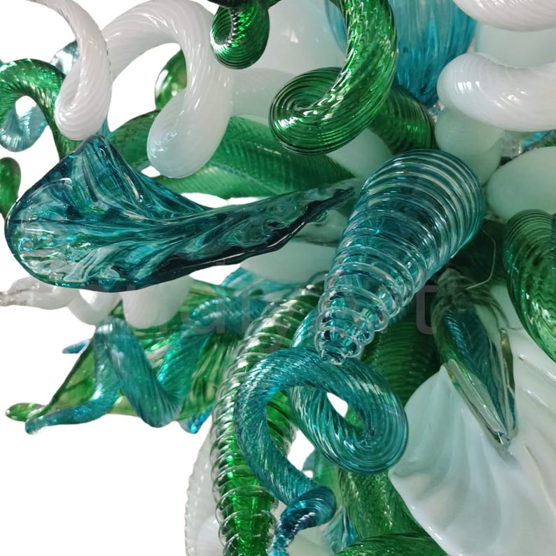 Lámpara de araña de vidrio soplado hecha a mano, color blanco y verde, diseño personalizado, decoración de comedor. imagen 4