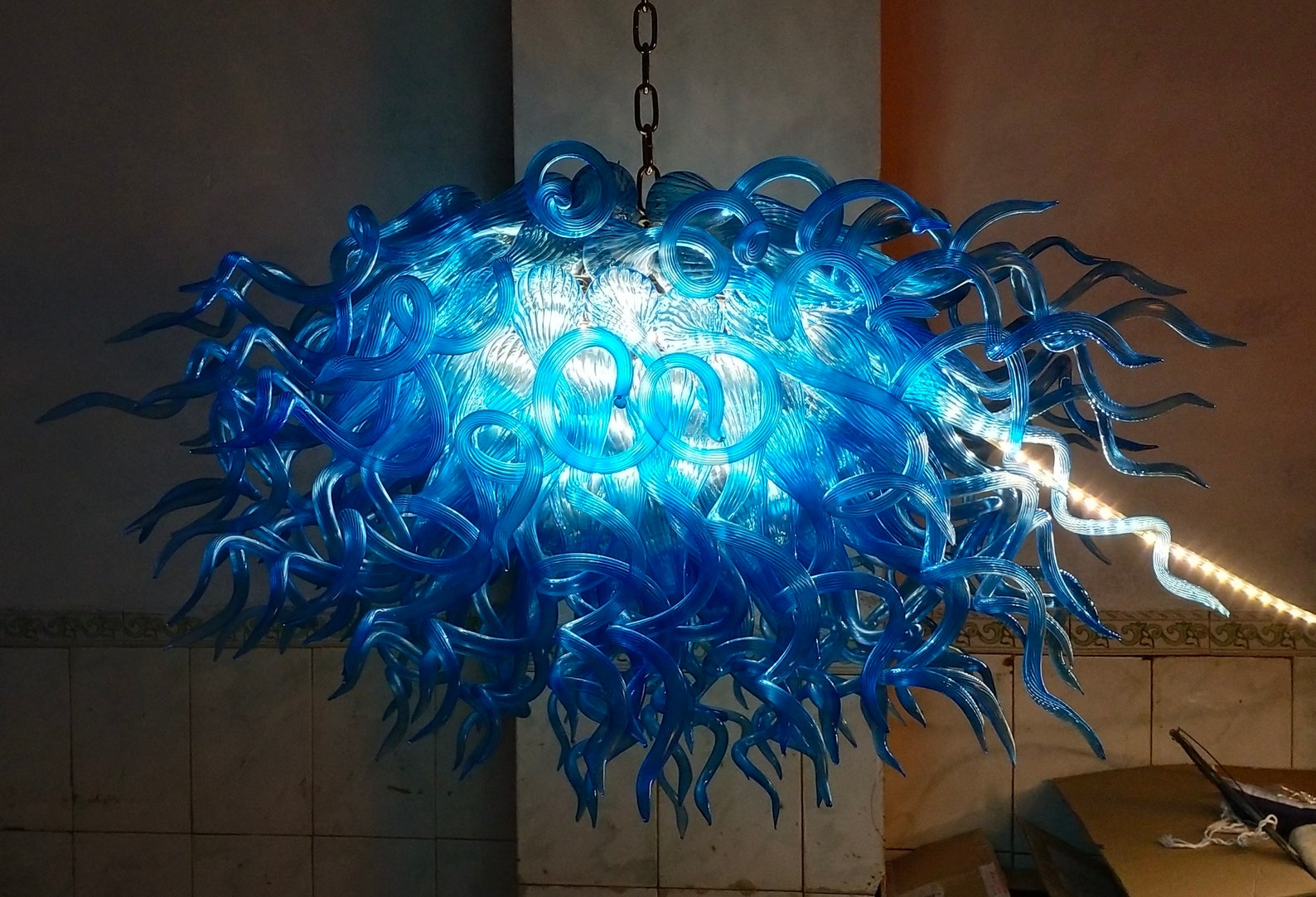 Hand made blown glass chandelier lighting with blue color Etsy