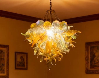 Lámpara de araña de cristal artístico dorado de lujo: lámpara de comedor soplada a mano