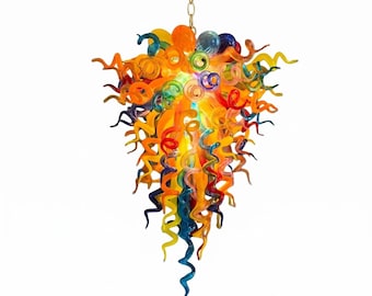 Multicolor Hand Blown Glass Chandelier: Vibrant Yellow Orange Blue Art Glass Pendant Light