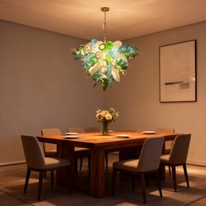 Lámpara de araña de vidrio soplado hecha a mano, color blanco y verde, diseño personalizado, decoración de comedor. imagen 10