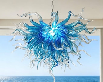 Art glass ocean blue chandelier hand made custom design