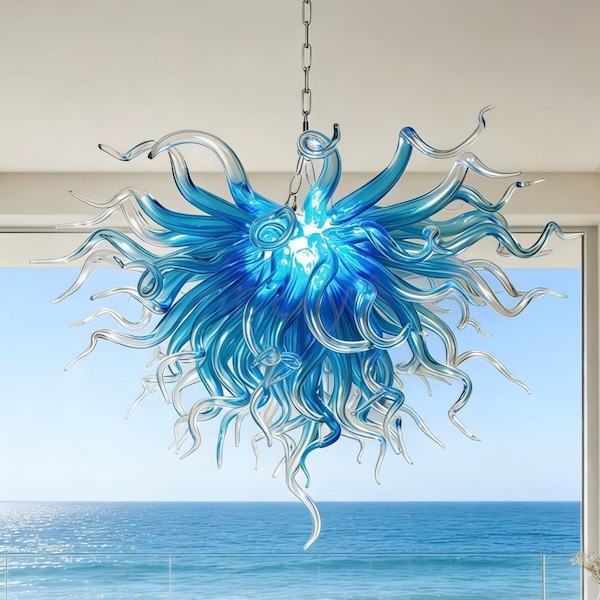 Art glass ocean blue chandelier hand made custom design