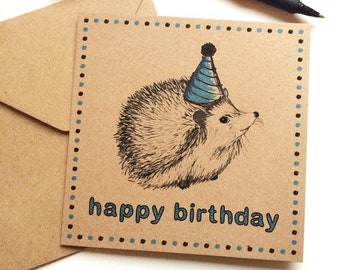 Carte d'anniversaire hérisson, illustration des bois avec chapeau de fête, carte de joyeux anniversaire unique pour amateur de hérisson, carte idéale pour neveu, ami