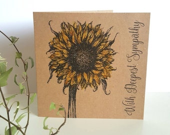 Sunflower Sympathy Card, floral thoughtful condolence card for a friend or family member. With deepest sympathy cards. Simple and recycled.