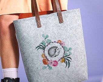 Hedgehog Tote Bag, Grey Felt with Tan Straps. Floral patterned bag with PU leather look straps. Unique & sturdy, flat base. RECYCLED fabric