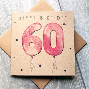Tarjeta de 60 cumpleaños, tarjeta de felicitación con globo rosa. Tarjeta de feliz cumpleaños simple y única para amiga, vecina, abuela, mamá, tía del Reino Unido