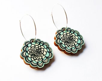 Blue Chrysanthemum Hoop Earrings, illustrated wooden floral design with Sterling Silver hoops. Unique, pastel jewellery gift for a friend UK