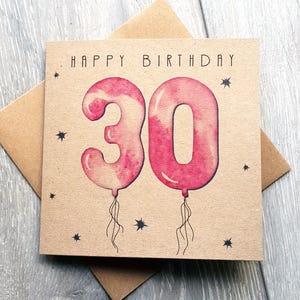 30th Birthday Card, pink balloon age card. Simple & unique 30 years happy birthday card for female friend, neighbour, aunt, sister, daughter