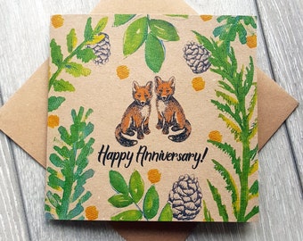 Happy Anniversary Card with Foxes and Woodland Leaves, unique illustrated greeting card for wife, girlfriend, square brown card recycled UK