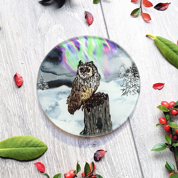 Owl Glass Coaster with Northern Lights. Unique Christmas illustrated coasters. Festive bird gifts ideal for housewarming, table present UK