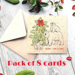 Packung Eisbärjunges Weihnachtskarten Menge 8, Frohe Weihnachten niedlich illustrierte Tier- und Tannenbaumkarte. 15 x 15 cm große braune Recycling-Karten