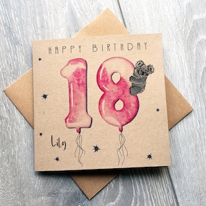 Koala 18th Birthday Card Personalised, 18 pink balloon happy bday cards with cute animal. Custom name card for 18 year old daughter, niece