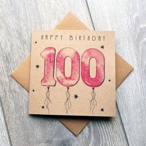 Tarjeta de cumpleaños número 100, tarjeta con la edad de un globo rosa. Tarjeta de feliz cumpleaños número 100 sencilla y única para una amiga, vecina, abuela, mamá, tía del Reino Unido