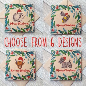 Lot de 8 cartes de Noël, choix d'animaux illustrés. Cartes carrées recyclées de 6 x 6 pouces. Chien écossais, vache Highland, abeille, hérisson, rouge-gorge, etc.