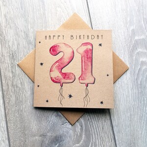 Tarjeta de cumpleaños número 21, tarjeta con la edad de un globo rosa. Tarjeta de feliz cumpleaños número 21 sencilla y única para una amiga, estudiante, hermana, hija o sobrina