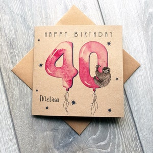 Carte personnalisée du 40e anniversaire du paresseux, 40 ballons roses cartes de joyeux anniversaire avec un animal mignon. Carte de visite personnalisée pour amie de 40 ans, femme Royaume-Uni