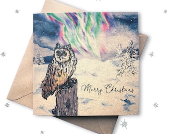 Northern Lights Christmas Card with Owl Illustration, snowy wintry scene. Individual lined recycled square card ideal for parents, neighbour