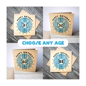 Carte d'anniversaire d'âge avec motif bleu moderne, personnalisée âgée de 21 à 30 40 ans, 50 cartes d'étape turquoise pour les âges spéciaux. Idéal pour un ami, un fils, un père