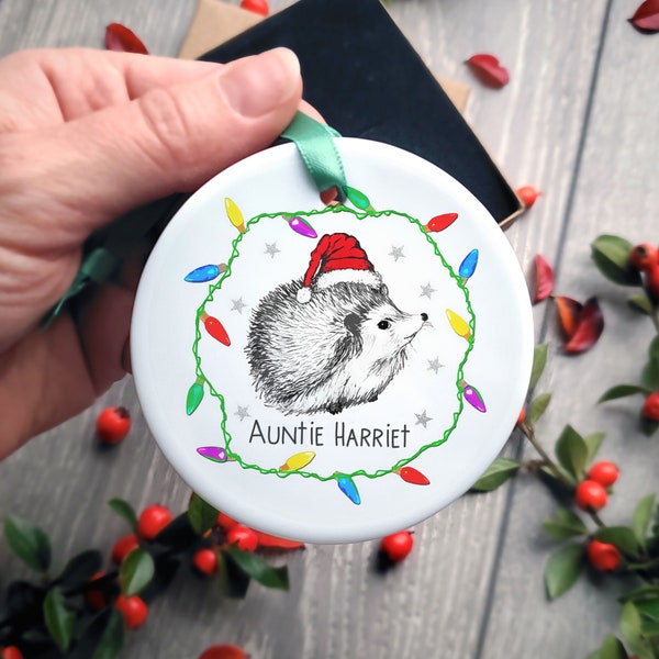 Personalised Hedgehog Christmas Ornament. Ceramic Xmas Tree Holiday Decorations. Custom name or recipient & illustrated animal. Cute festive