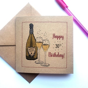 Happy 30th Birthday Card with Champagne, aged 30 years. Recycled milestone happy birthday cards for best friend, sister, daughter, niece UK