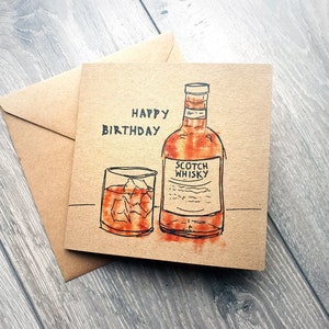 Carte d'anniversaire whisky écossais, cartes illustrées idéales pour frère, ami, sœur, petit ami, grand-père, oncle. Carré recyclé joyeux anniversaire