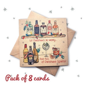 Lot de 8 cartes amusantes Spiritueux de Noël, cartes de jeu de mots sur le thème de l'alcool. Jeu de cartes de vœux modernes, idéal pour les amis, la famille, les collègues, les voisins