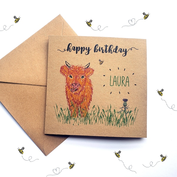 Personalised Highland Cow Birthday Card with Thistle and Bee, unique illustrated happy birthday cards. Ideal for friend, sister, nephew, son