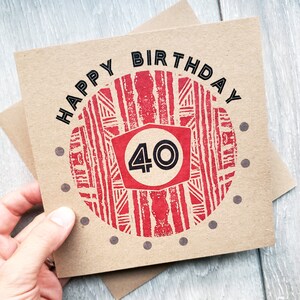 40.Geburtstagskarte mit rosa Muster, moderne gemusterte Karten aus einzigartigem Linoldruckdesign. Ideal für eine Freundin, Schwester, Kollegin, Tante UK
