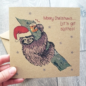 Carte de Noël drôle de paresseux doublée, soyons paresseux ! Carte individuelle illustrée d'humour animalier. Idéal pour un meilleur ami, frère, mari Royaume-Uni
