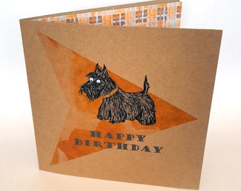 Scottie Dog Happy Birthday Card, unique card for dog lover with tartan patterned insert. Ideal eco friendly card for nephew, friend, sister