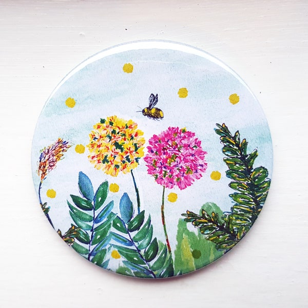 Flowers and Bumble Bee Pocket Mirror, illustrated makeup mirror. Small floral birthday or thank you gift for best friend, sister, daughter