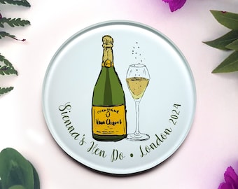 Personalised Champagne Wedding Coaster Glass, unusual coasters for top table or hen do. Ideal for bride & groom, bridesmaid, maid of honour