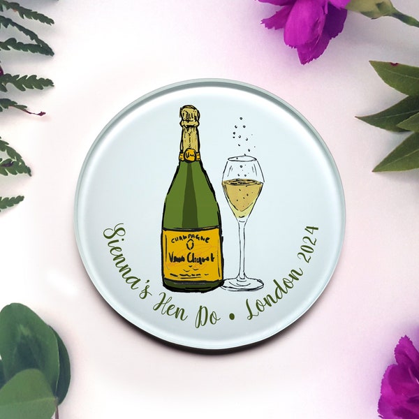 Sous-verre de mariage champagne personnalisé, sous-verres inhabituels pour une table ou un enterrement de vie de jeune fille. Idéal pour les mariés, les demoiselles d'honneur, les demoiselles d'honneur