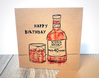 40th Birthday Card Scotch Whisky, aged 40 years. Ideal milestone cards for friend, brother, colleague, husband. Square recycled card
