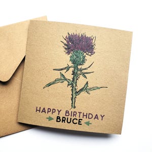 Carte d'anniversaire personnalisée chardon, cartes de joyeux anniversaire vertes et violettes avec fleur écossaise. Carte de visite personnalisée pour un ami, une femme, un frère Royaume-Uni
