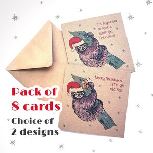 Lot de 8 cartes de Noël paresseux avec jeu de mots amusant, cartes d'animaux illustrées avec phrase au choix. Carré recyclé 6 x 6 pouces Royaume-Uni