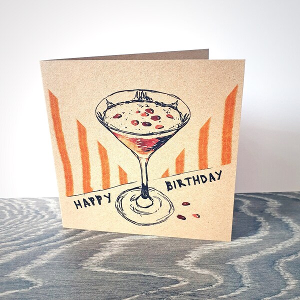 Espresso Martini Birthday Card, fun illustrated glass with coffee beans. Ideal for a friend, sister, mum, auntie. Unusual recycled square UK