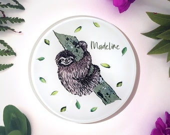 Sloth Glass Coaster with Personalised Name, unique illustrated animal coasters. Cute thoughtful gift idea for housewarming, birthday present