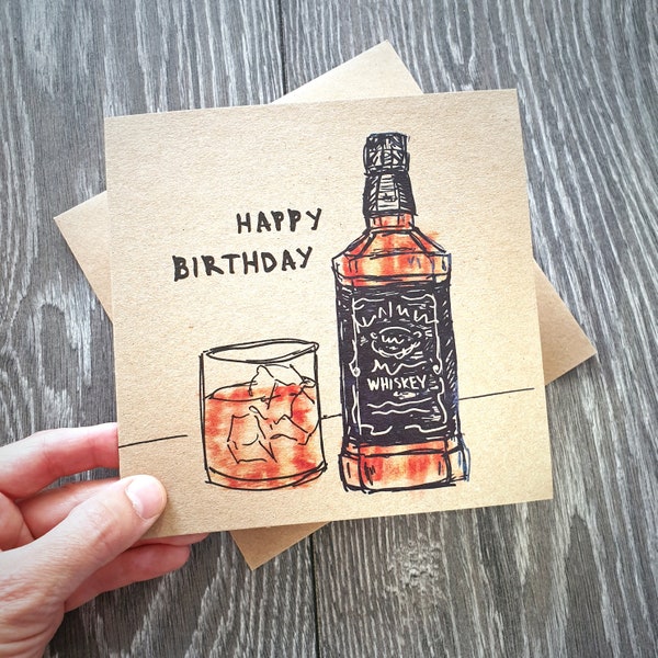 Tennessee Whiskey Birthday Card, illustrated cards ideal for brother, friend, sister, boyfriend, uncle. Happy birthday recycled square kraft
