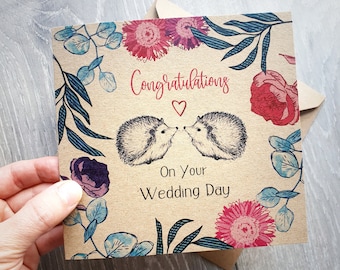 Hedgehog WEDDING Day Card with Flowers and Leaves, unique illustrated recycled congratulations greetings. Ideal for brother, sister, friends