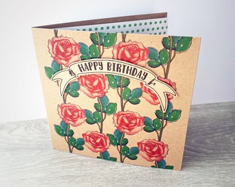 "Happy Birthday Karte ""Rose"" mit Blumen und Blättern, einzigartig illustrierte Grußkarte für Frau, Freundin, Freund." Quadrat mit Banner recycelt