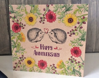 Happy Anniversary Card with Flowers and Hedgehogs, unique illustrated greeting card for wife, girlfriend, square brown kraft card recycled