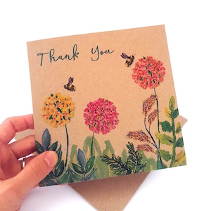 Thank You Card Bees & Flowers, einzigartige illustrierte Grußkarte. Ideal, um sich bei einem Nachbarn, Freund, Familie, Lehrer, Tierarzt zu bedanken