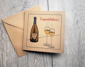 Biglietto di congratulazioni con champagne, carta di vino di congratulazioni unisex illustrata per laurea, nuova casa, fidanzamento, successo. Regno Unito riciclato